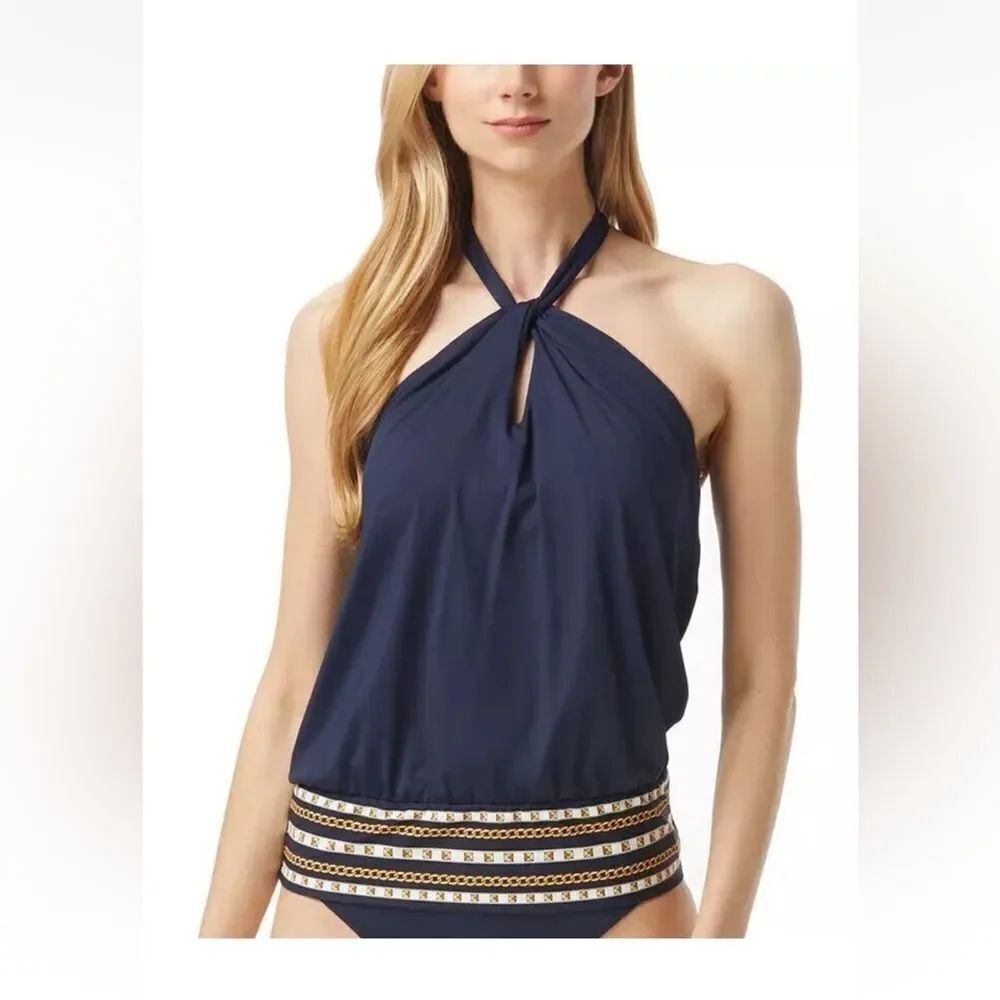 MICHAEL KORS Women’s Twist Neck Chain Bordered Tankini Top $120